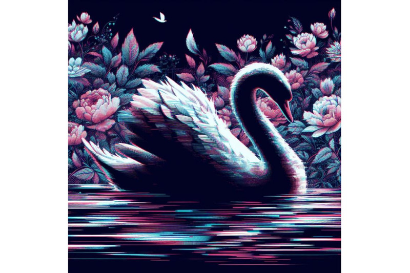 4-set-of-swan-in-glitch-art-style-on-dark-background