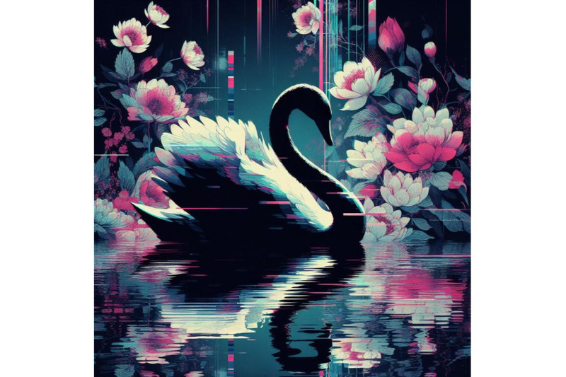 4-set-of-swan-in-glitch-art-style-on-dark-background