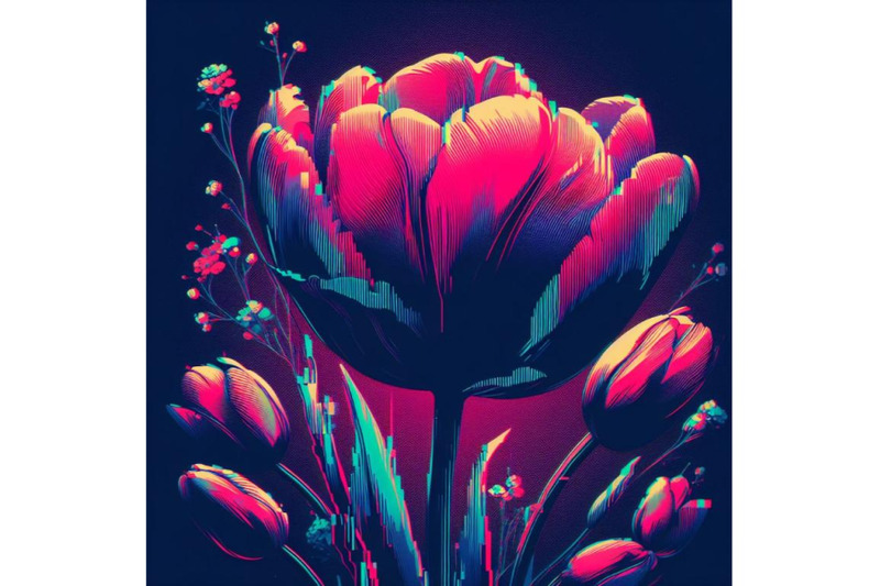 4-set-of-tulip-in-glitch-art-style-on-dark-background