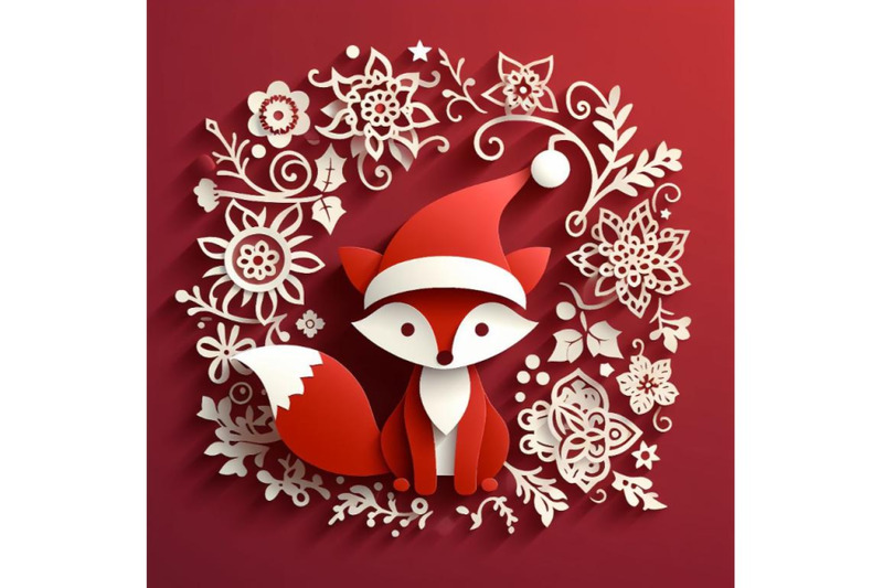 4-set-of-vector-cute-christmas-paper-cut-3d-fox-with-shadow