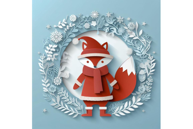 4-set-of-vector-cute-christmas-paper-cut-3d-fox-with-shadow