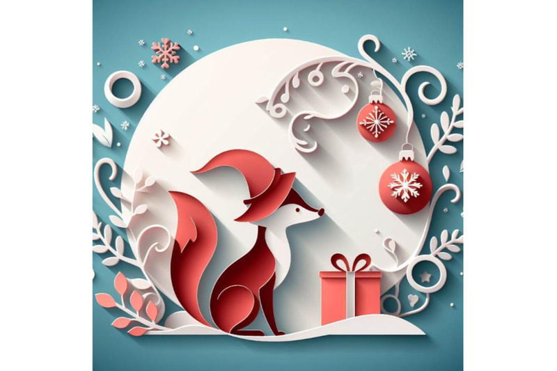 4-set-of-vector-cute-christmas-paper-cut-3d-fox-with-shadow