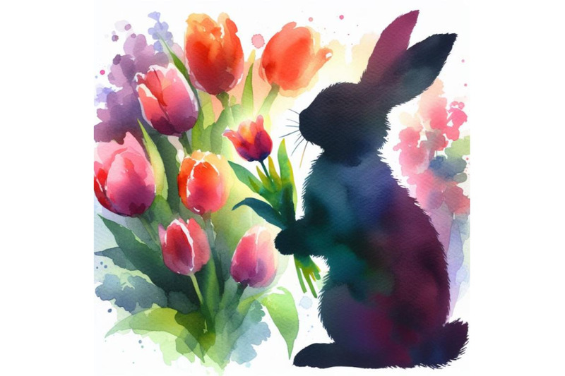 4-set-of-watercolor-easter-bunny-holding-tulips-isolated