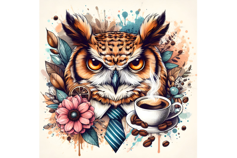 4-coffee-and-owl-illustration-with-splash-watercolor-textured-backgrou