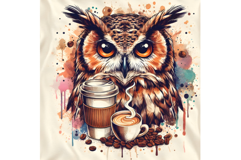 4-coffee-and-owl-illustration-with-splash-watercolor-textured-backgrou