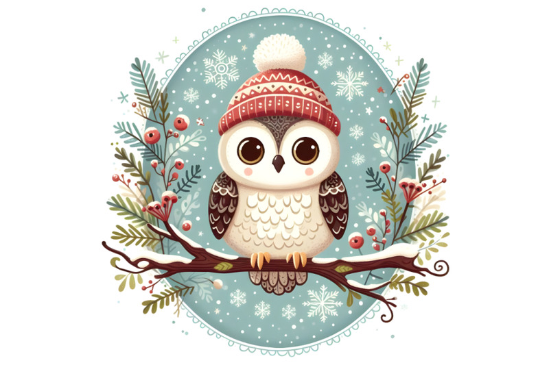 4-cute-owl-on-branch-in-winter-oval-frame-with-snowflakes