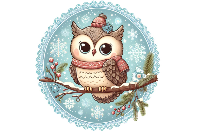 4-cute-owl-on-branch-in-winter-oval-frame-with-snowflakes