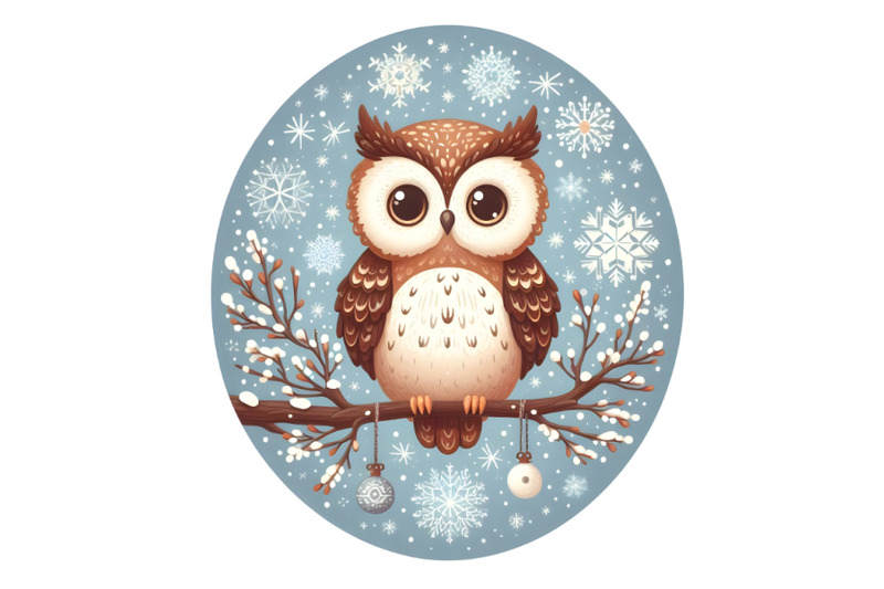 4-cute-owl-on-branch-in-winter-oval-frame-with-snowflakes