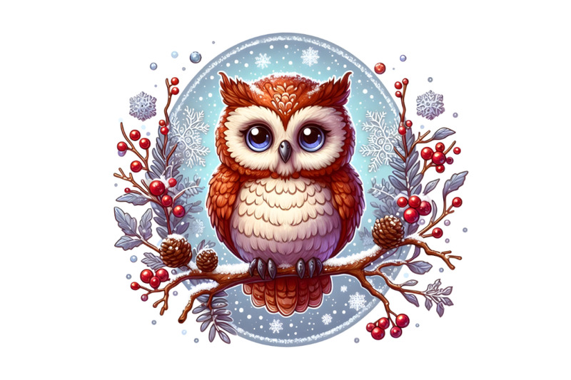 4-cute-owl-on-branch-in-winter-oval-frame-with-snowflakes