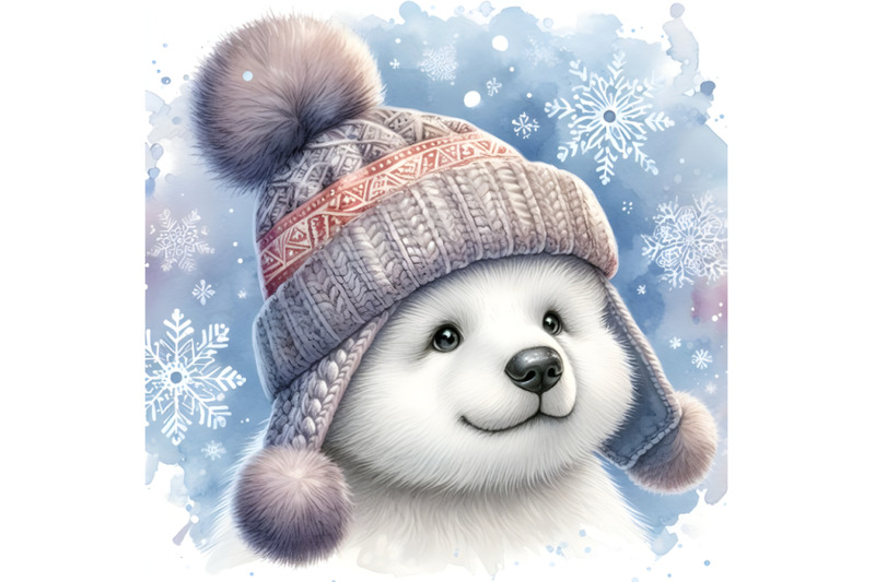 4-cute-polar-bear-in-a-knitted-hat-with-snowflake-watercolor-backgroun