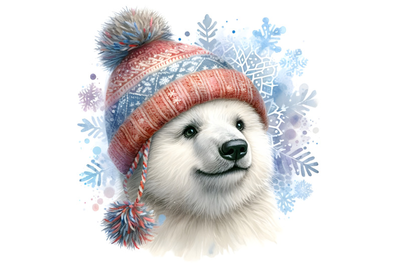 4-cute-polar-bear-in-a-knitted-hat-with-snowflake-watercolor-backgroun