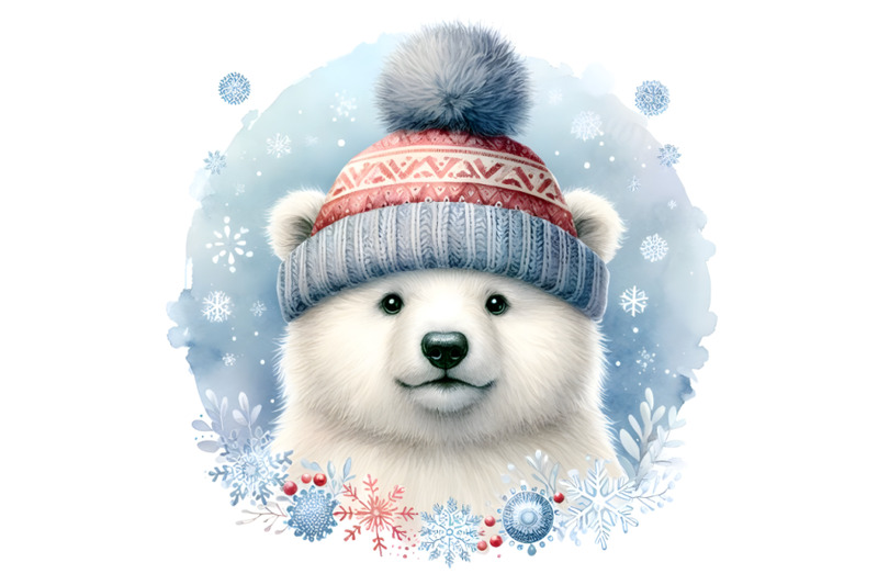 4-cute-polar-bear-in-a-knitted-hat-with-snowflake-watercolor-backgroun