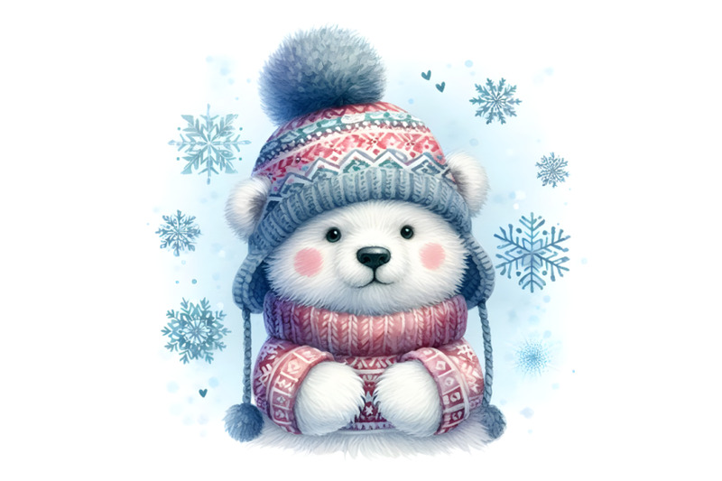 4-cute-polar-bear-in-a-knitted-hat-with-snowflake-watercolor-backgroun