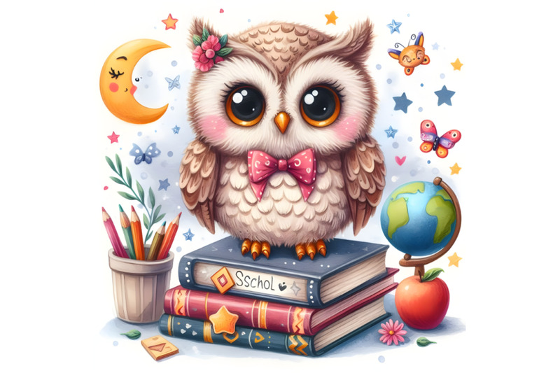 4-cute-watercolor-owl-bird-with-school-books-illustration
