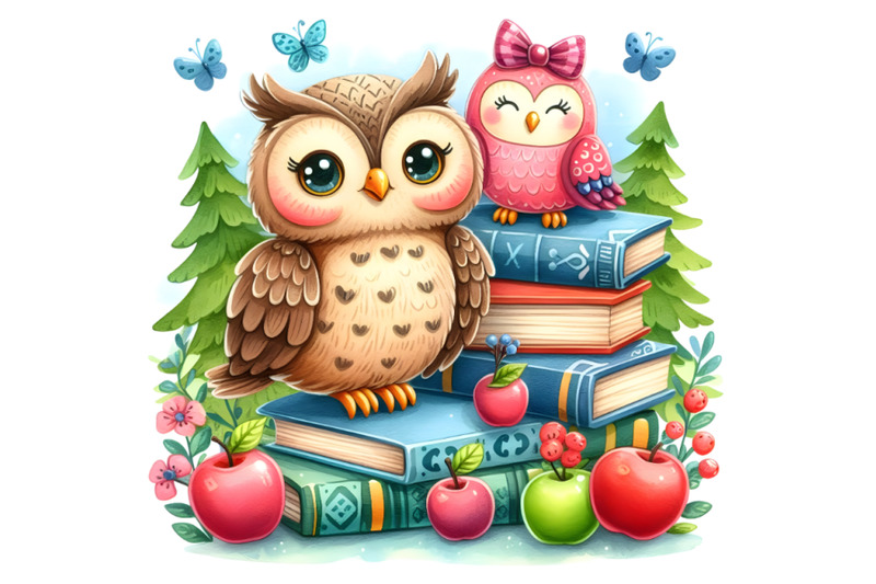 4-cute-watercolor-owl-bird-with-school-books-illustration