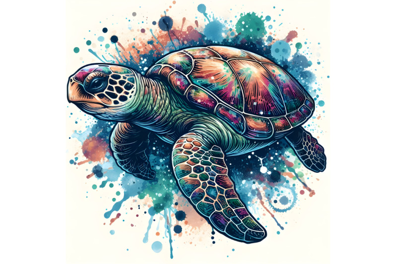 4-sea-turtle-illustration-with-splash-watercolor-textured-background