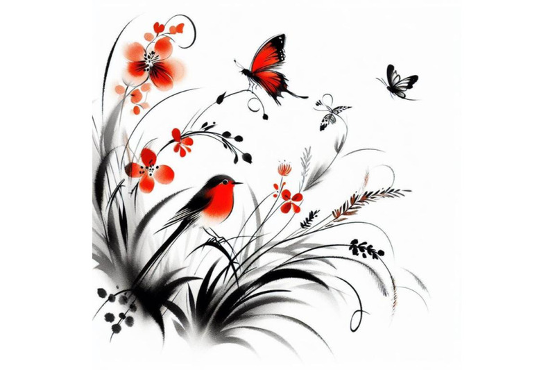 4-watercolor-colorful-bird-and-butterfly-with-grass-and-flowers