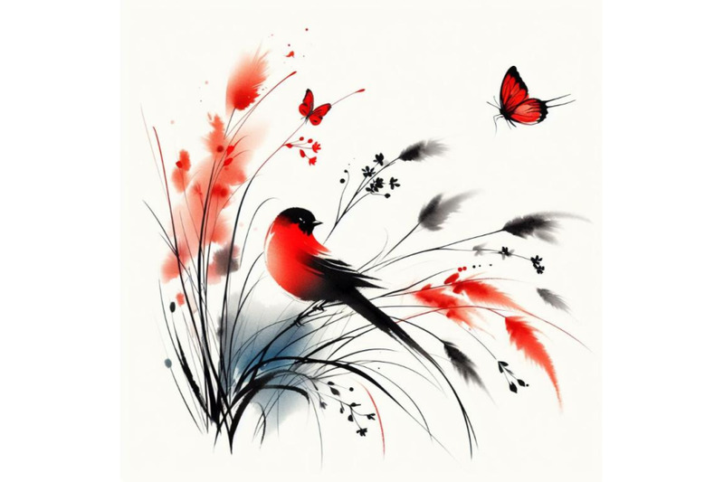4-watercolor-colorful-bird-and-butterfly-with-grass-and-flowers