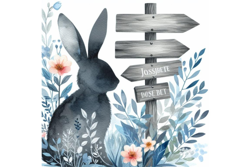 4-watercolor-easter-bunny-with-signpost-in-gray-and-blue-color-isolate