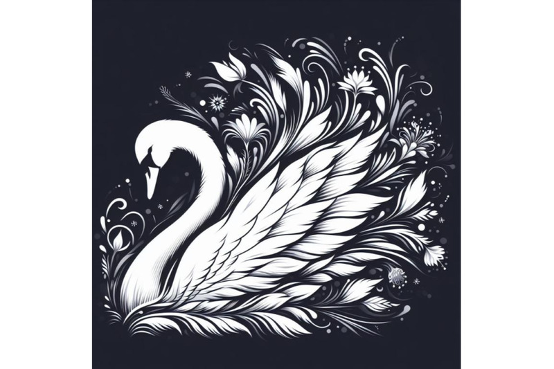 4-white-swan-with-long-plumage-in-monochrome-graphic-design