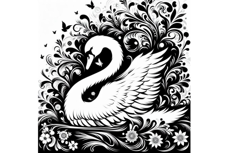 4-white-swan-with-long-plumage-in-monochrome-graphic-design