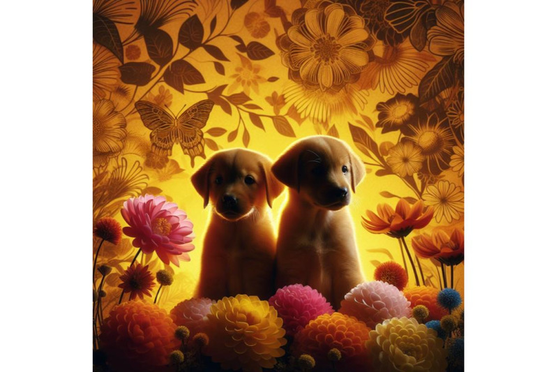 4-beautiful-shining-rainbow-leaves-two-puppies-and-beautiful-flowers