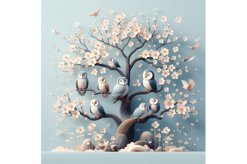 4-blooming-tree-and-branches-with-sitting-owls-and-birds