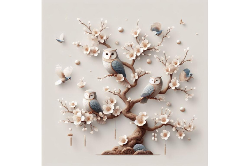 4-blooming-tree-and-branches-with-sitting-owls-and-birds