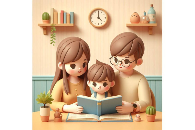 4-cartoon-mother-father-and-son-reading-a-book-together
