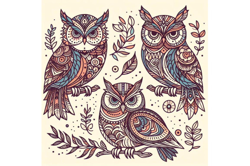 4-decorative-owls-tribal-decoration-of-wild-birds