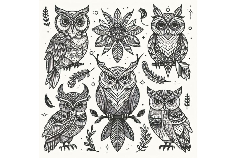 4-decorative-owls-tribal-decoration-of-wild-birds