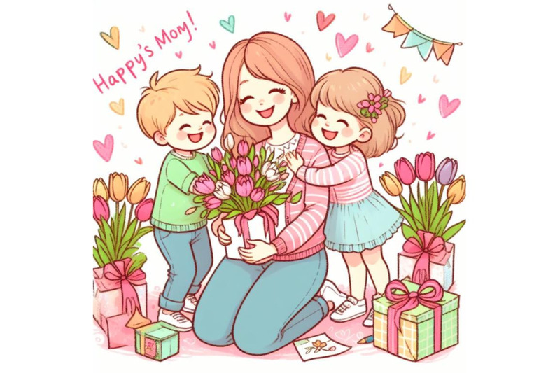 4-happy-mother-s-day-children-congratulates-moms-and-gives-her-a-gift