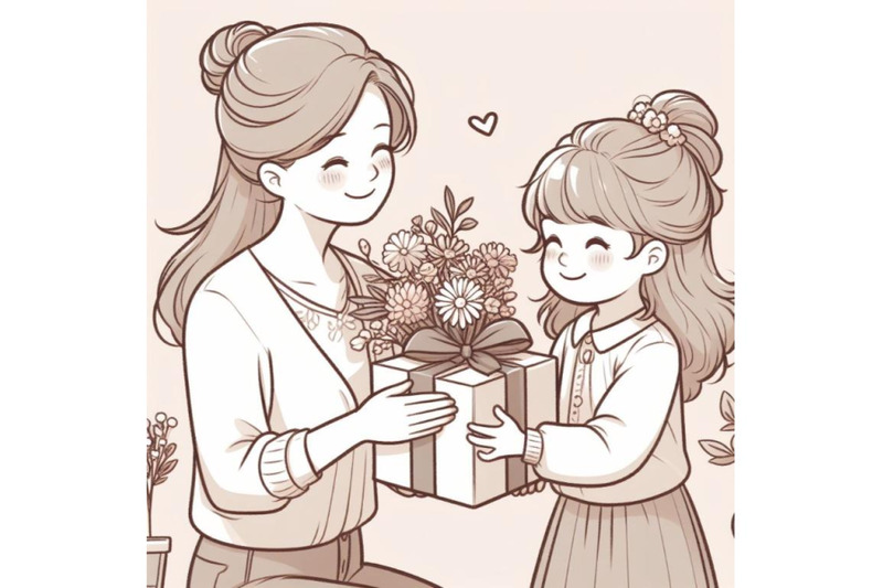 4-little-kid-daughter-giving-mom-receiving-gift-box-and-flowers-bouque