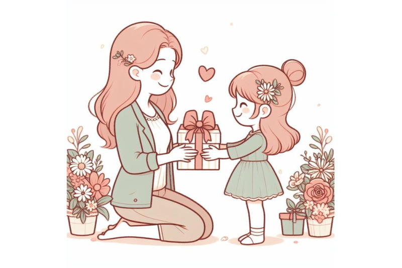 4-little-kid-daughter-giving-mom-receiving-gift-box-and-flowers-bouque