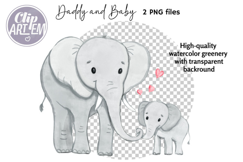 father-daddy-and-baby-elephant-watercolor-2-png-clip-art-images-set