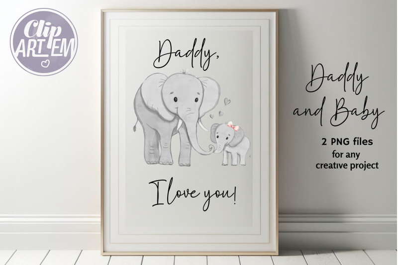 father-daddy-and-baby-elephant-watercolor-2-png-clip-art-images-set