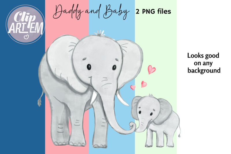 father-daddy-and-baby-elephant-watercolor-2-png-clip-art-images-set