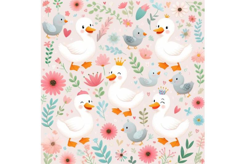 4-cute-cartoon-geese-floral-abstract-background