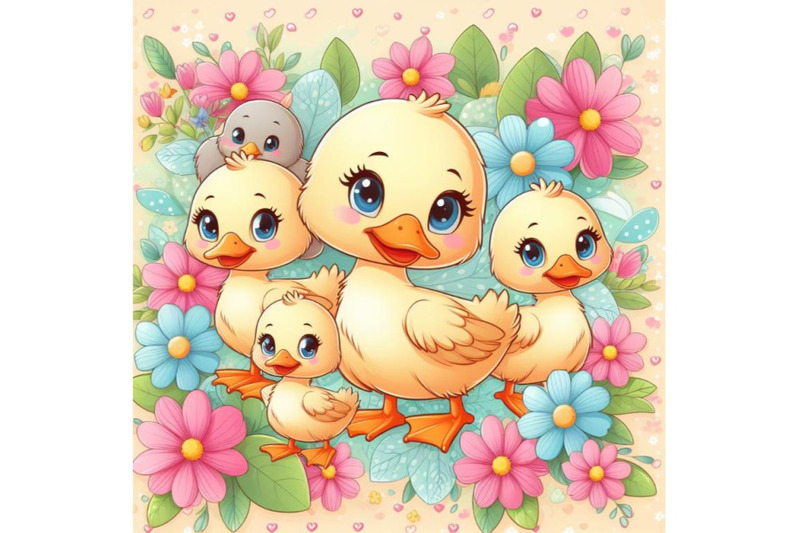 4-cute-cartoon-geese-floral-abstract-background