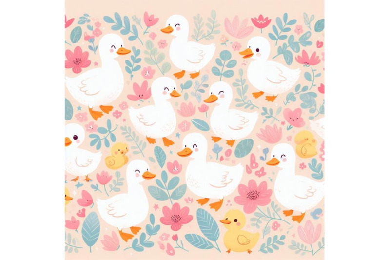 4-cute-cartoon-geese-floral-abstract-background