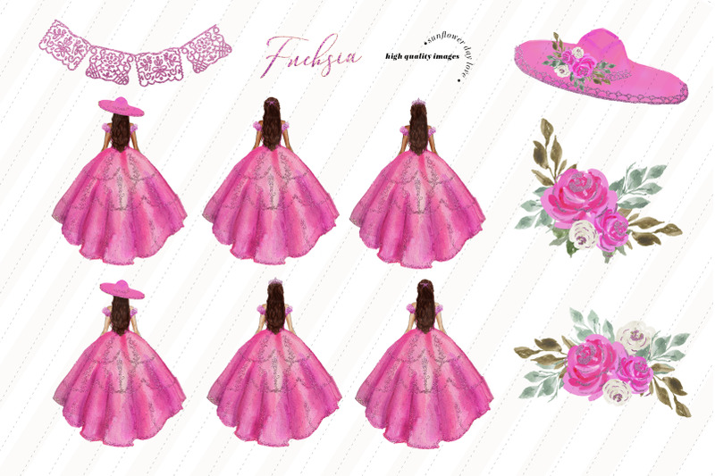 princess-silver-pink-fuchsia-dress-floral-clipart