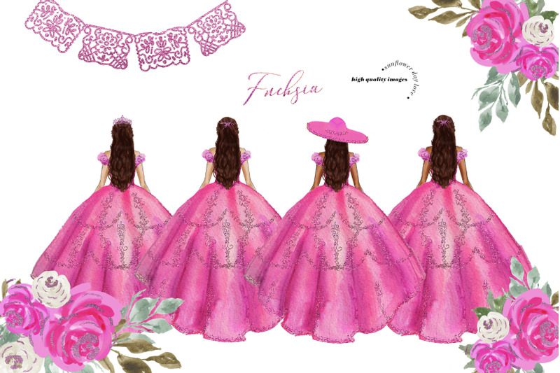 princess-silver-pink-fuchsia-dress-floral-clipart