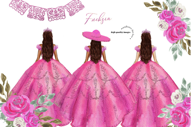 princess-silver-pink-fuchsia-dress-floral-clipart