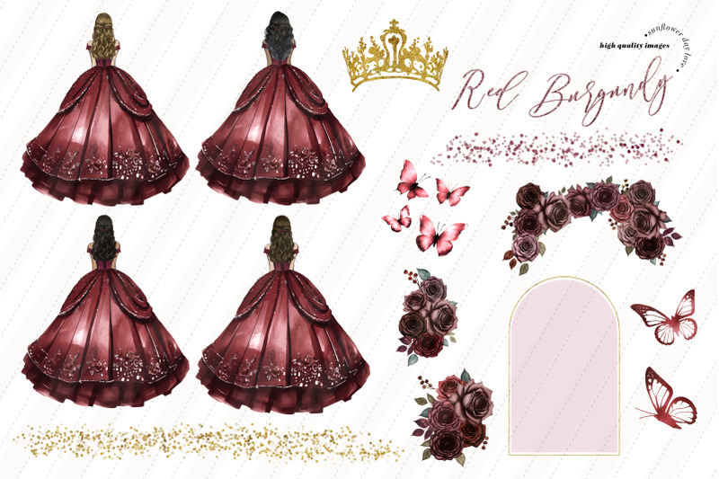 burgundy-princess-dress-butterfly-floral-clipart-burgundy-red-flower