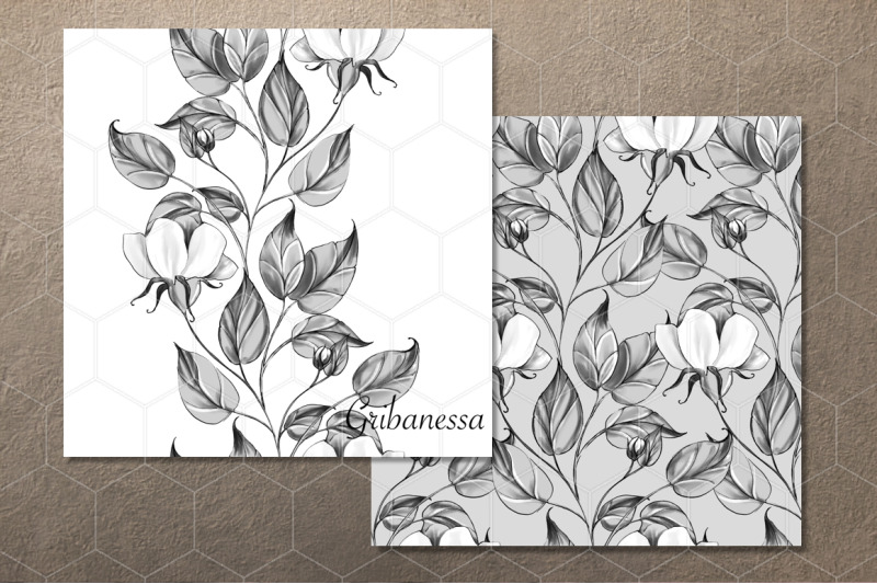 monochrome-floral-pattern-digital-paper-and-border