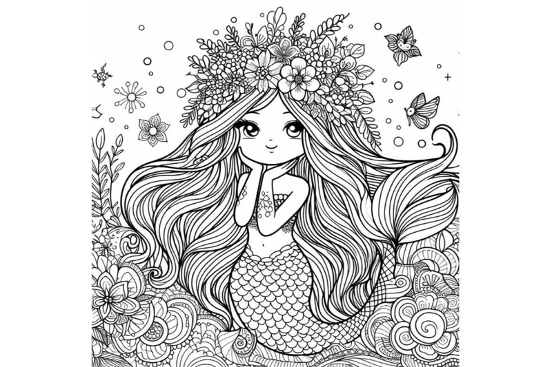 4-line-art-beautiful-mermaid-girl-with-long-hair