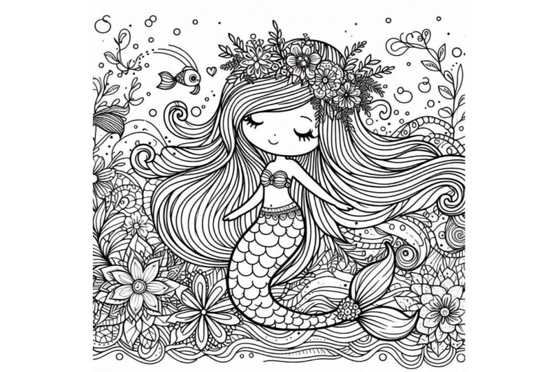 4-line-art-beautiful-mermaid-girl-with-long-hair