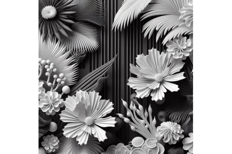 4-tropical-coral-flowers-and-leaves-on-black-and-white-background