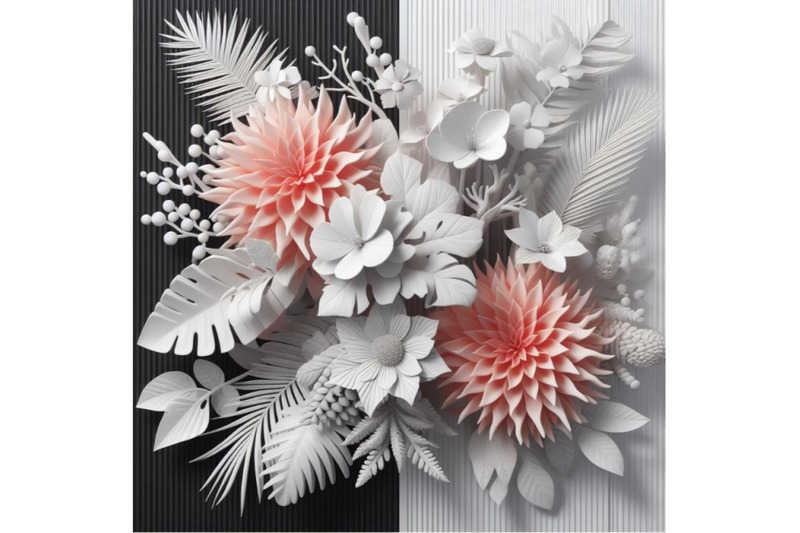 4-tropical-coral-flowers-and-leaves-on-black-and-white-background