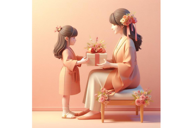 4-little-kid-daughter-giving-mom-receiving-gift-box-and-flowers-bouque